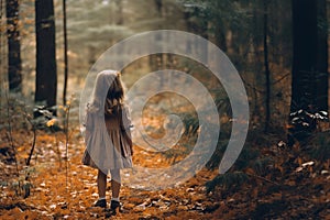 Little girl in vintage dress stands in the autumn forest alone rear view