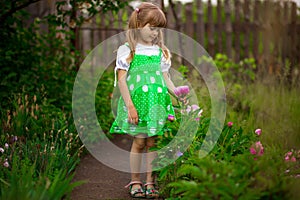 Little girl walk in green garden in summer day