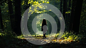 little girl walking In the dark mystery forest, back view. seemingly lost and alone in the shadowy woods