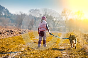 Little girl is walking with a dog