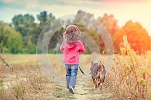 Little girl walking with dog on the field