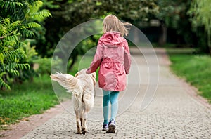 Little girl walking with dog in park