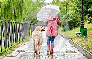 Little girl walking dog under rain