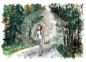 Little girl walking through the forest