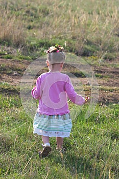 Little girl walking on meadow