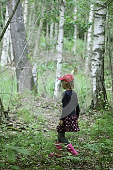 A little girl walking in the summer forest