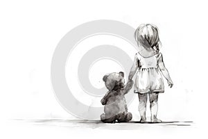 Little Girl Walking with Teddy Bear Graphic