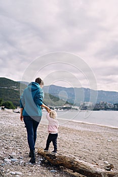 Little girl walks along a driftwood on the beach holding her mother hand. Back view