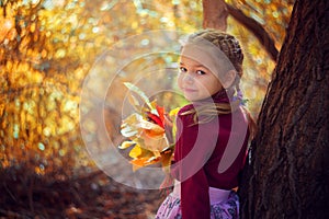 Little girl walks in the autumn forest with a beautiful bouquet of yellow fallen leaves