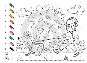 Little girl walks with her favorite dog on a leash in the park, coloring book