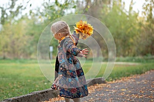 Little girl in a warm autumn coat walks, runs, whirls in the park with a bouquet of yellow maple leaves