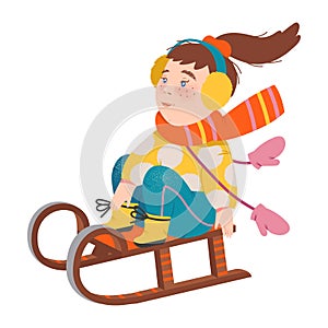 Little Girl in Warm Earmuffs and Scarf Sledging Vector Illustration