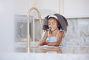 Little girl, washing and hands with smile in the kitchen for healthy clean hygiene at home. Happy black female child