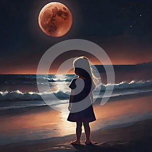 the little girl watching the full moon rise over the ocean