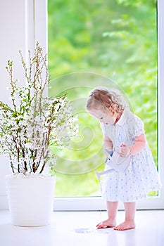 Little girl watering flowers at home