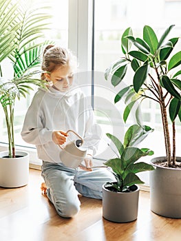 Little girl watering houseplants in her house