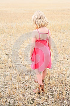 Little girl wearing boots and a pink dress in cut corn filed