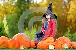 Little girl wearing halloween costume on a pumpkin patch