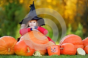 Little girl wearing halloween costume on a pumpkin patch