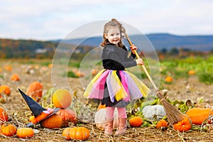 Little girl wearing halloween witch costume on pumpkin patch