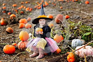 little girl wearing halloween witch costume on pumpkin patch