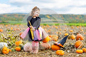 Little girl wearing halloween witch costume on pumpkin patch