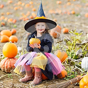 Little girl wearing halloween witch costume on pumpkin patch