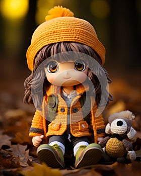 a little girl wearing an orange coat and hat sits on the ground with a stuffed animal