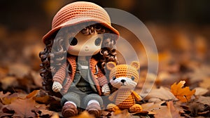 a little girl wearing an orange hat sits on the ground with a teddy bear