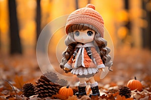 a little girl wearing an orange sweater and hat stands in front of a pile of pumpkins