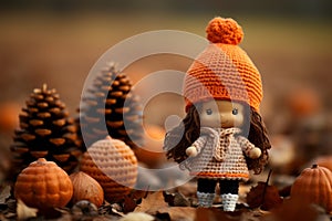 a little girl wearing an orange sweater and hat stands in front of a pile of pumpkins and pine cones
