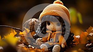 a little girl wearing an orange sweater sits on the ground surrounded by autumn leaves