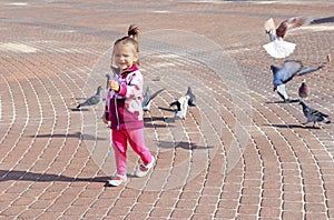 A little girl chasing pigeons