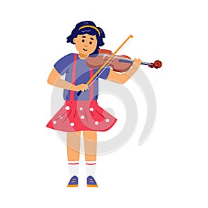 Little girl wearing polka dot skirt playing violin music instrument, isolated on white background. Vector illustration.