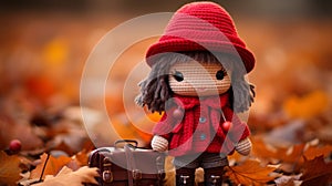 a little girl wearing a red coat and hat sits on the ground next to a suitcase