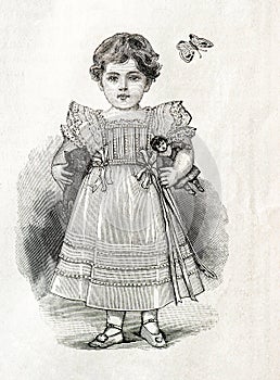 Little girl wearing vintage dress toy doll Antique engraving