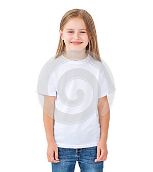 Little girl in white blank t-shirt, isolated
