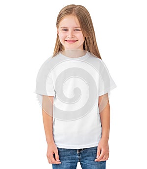 Little girl in white blank t-shirt, isolated