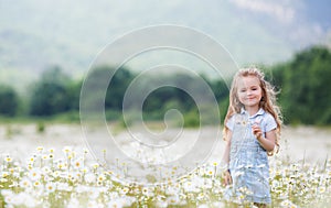 Little girl in white chamomile field