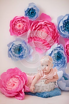 Little girl in a white suit in a white room with bright pink and blue paper flowers, baby photo session