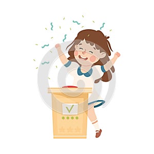 Little Girl Winning Quiz Game or Mind Sport Standing at Press Button and Cheering Vector Illustration