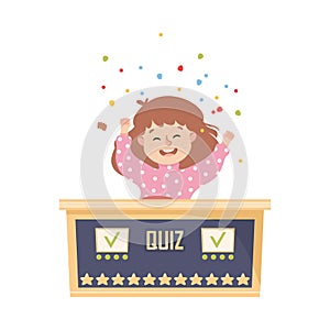 Little Girl Winning Quiz Game or Mind Sport Standing at Press Button and Cheering Vector Illustration