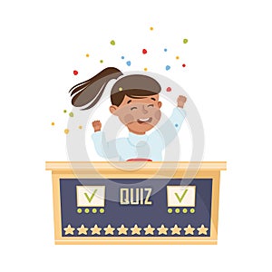 Little Girl Winning Quiz Game or Mind Sport Standing at Press Button and Cheering Vector Illustration