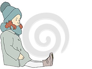 Little girl with winter clothes sitting over white background