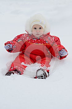 little girl in winter jumpsuit surprised in a snowdrift