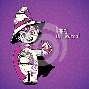 Little girl witch holding baby bottles with witchcraft potions. Happy Halloween card