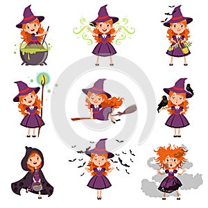 Little girl witch set wearing purple dress and hat
