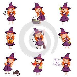 Little girl witch set wearing purple dress and hat