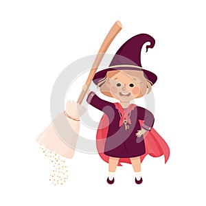 Little Girl Witch Wearing Purple Dress and Pointed Hat with Broomstick Practising Witchcraft and Doing Magic Vector