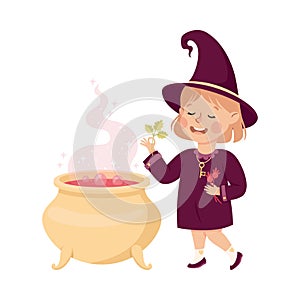 Little Girl Witch Wearing Purple Dress and Pointed Hat Practising Witchcraft and Doing Magic with Boiling Cauldron